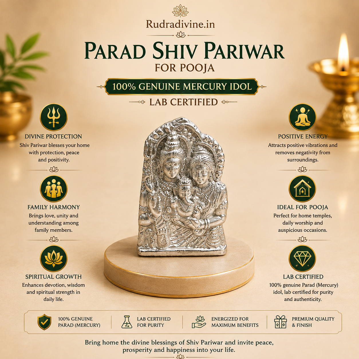 Parad Shiv Pariwar for Pooja crafted from 100% genuine Mercury with official Lab Certificate by Rudradivine for Lord Shiva worship, family harmony, Vastu balance and positive spiritual energy.
