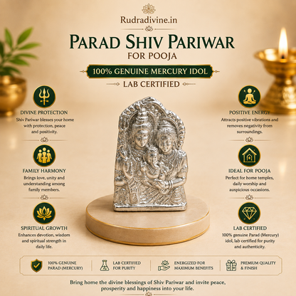 Parad Shiv Pariwar for Pooja crafted from 100% genuine Mercury with official Lab Certificate by Rudradivine for Lord Shiva worship, family harmony, Vastu balance and positive spiritual energy.