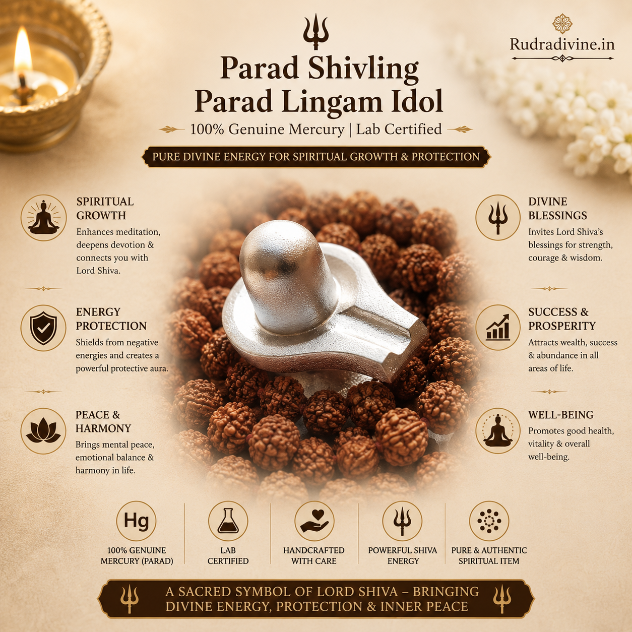 Parad Shivling | Parad Lingam Idol | 100% Genuine Mercury | Lab Certified crafted from authentic purified Parad with official Lab Certificate by Rudradivine for Lord Shiva worship, Rudrabhishek, meditation and spiritual blessings.