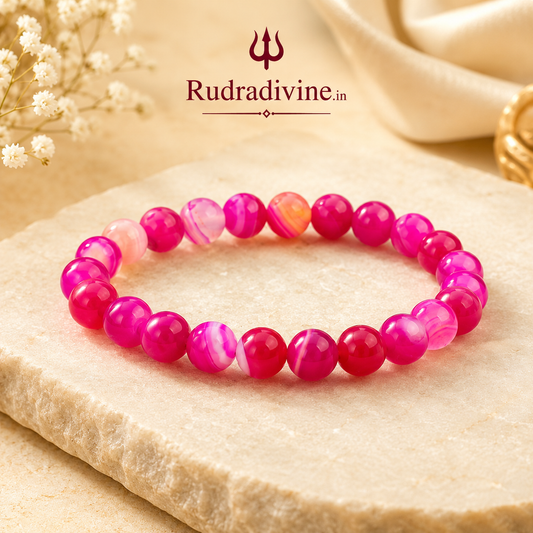 Pink Agate Bracelet with natural 8MM gemstone beads and official Lab Certificate by Rudra Divine for emotional balance, positivity and everyday spiritual wear.