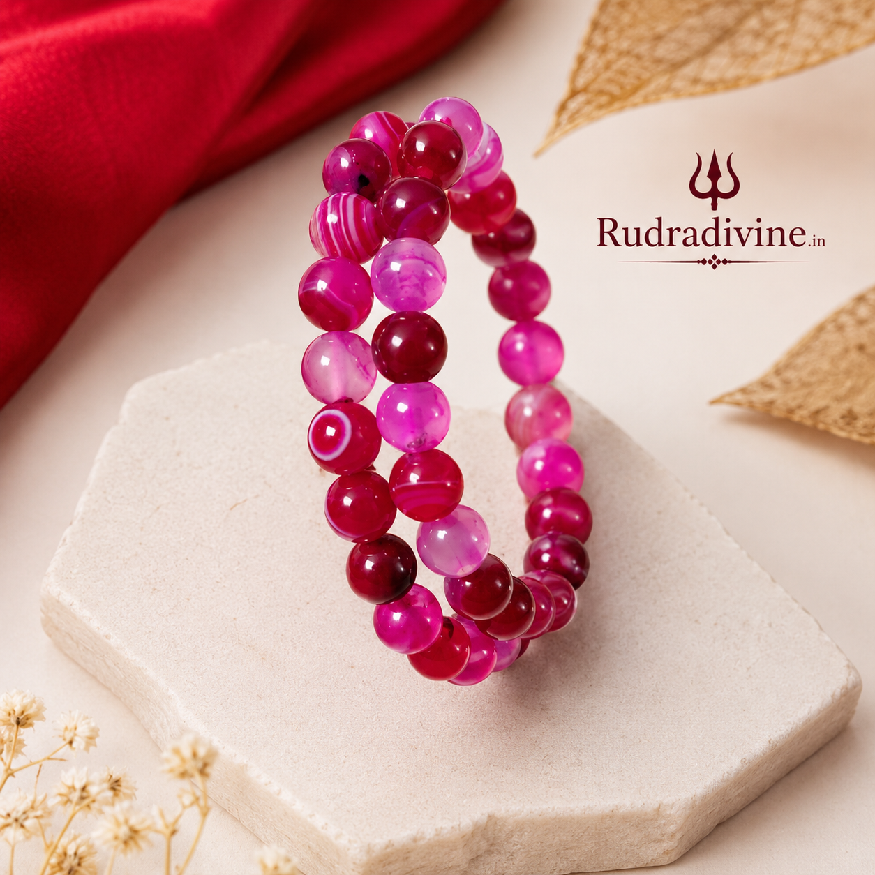 Pink Agate Bracelet with natural 8MM gemstone beads and official Lab Certificate by Rudra Divine for emotional balance, positivity and everyday spiritual wear.