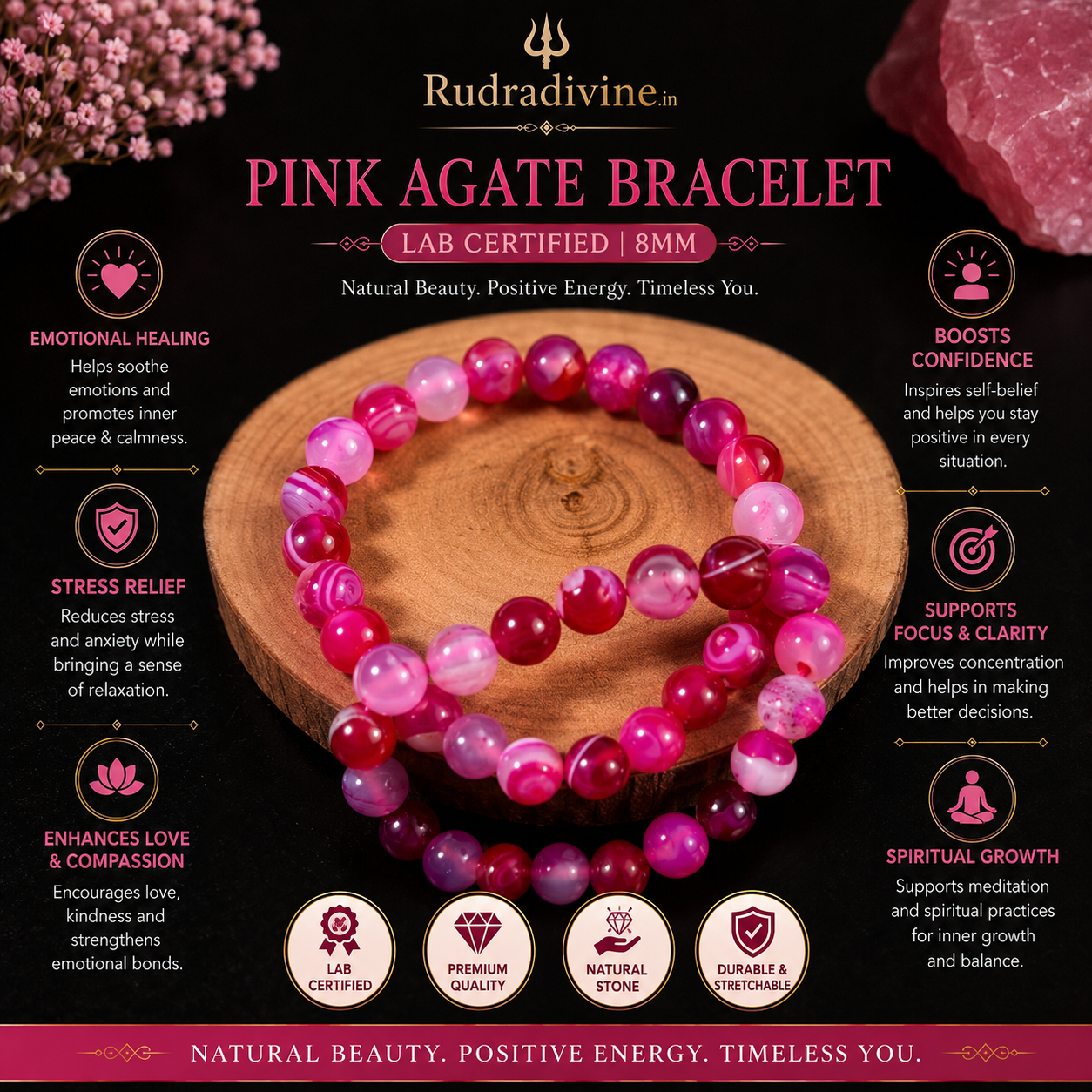 Pink Agate Bracelet with natural 8MM gemstone beads and official Lab Certificate by Rudra Divine for emotional balance, positivity and everyday spiritual wear.