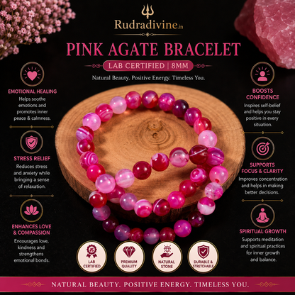 Pink Agate Bracelet with natural 8MM gemstone beads and official Lab Certificate by Rudra Divine for emotional balance, positivity and everyday spiritual wear.