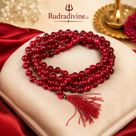 Pink Agate Mala 108+1 Beads crafted with natural 8MM Pink Agate gemstones and official Lab Certificate by Rudra Divine for meditation, mantra chanting and spiritual wellness.