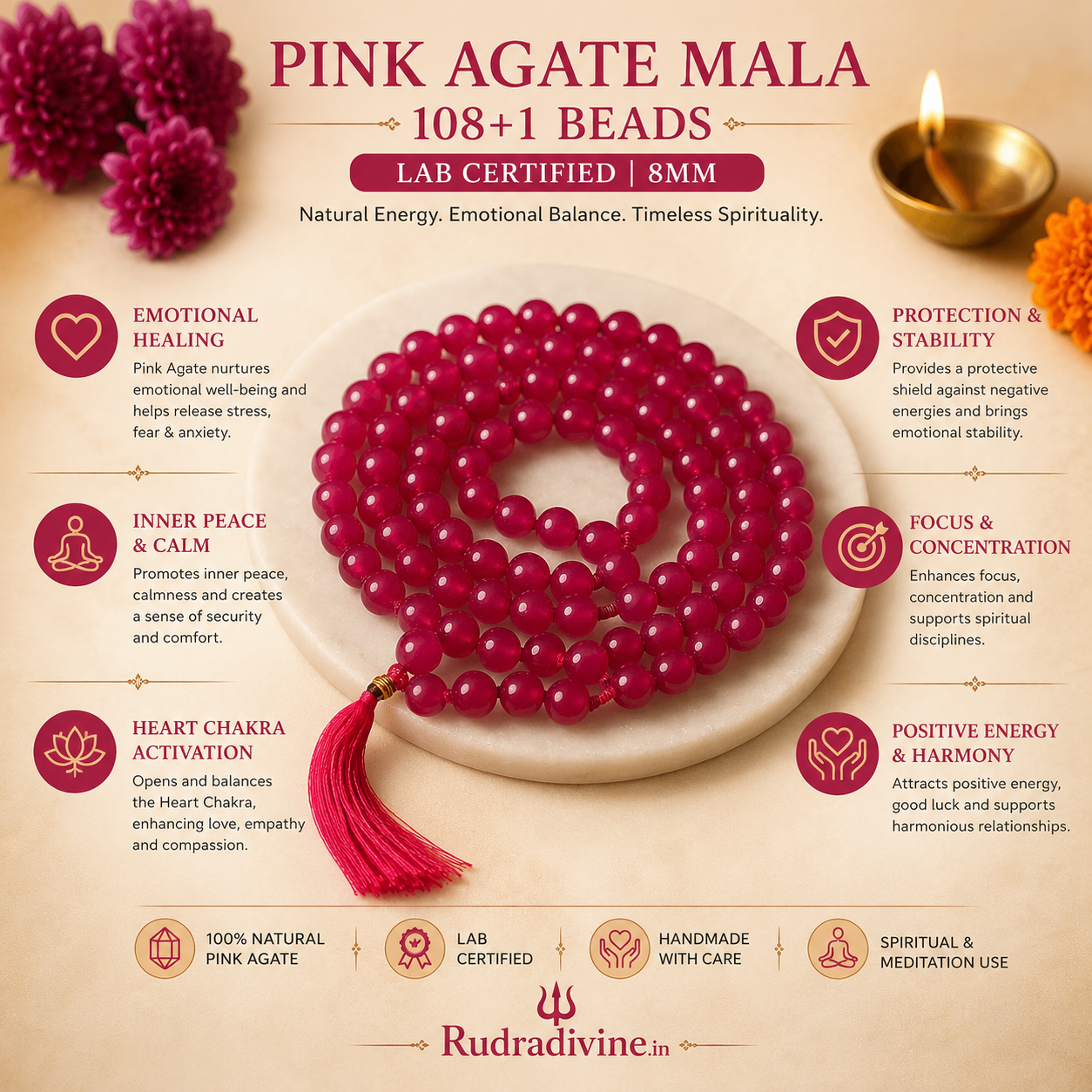 Pink Agate Mala 108+1 Beads crafted with natural 8MM Pink Agate gemstones and official Lab Certificate by Rudra Divine for meditation, mantra chanting and spiritual wellness.