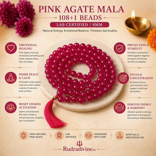 Pink Agate Mala 108+1 Beads crafted with natural 8MM Pink Agate gemstones and official Lab Certificate by Rudra Divine for meditation, mantra chanting and spiritual wellness.