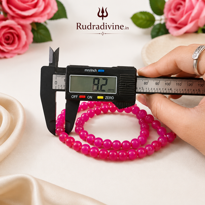 Pink Agate Mala 108+1 Beads crafted with natural 8MM Pink Agate gemstones and official Lab Certificate by Rudra Divine for meditation, mantra chanting and spiritual wellness.