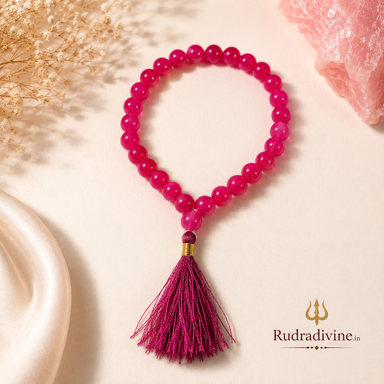 Pink Agate Mala 27+1 Beads crafted with natural 8MM Pink Agate gemstones and official Lab Certificate by Rudra Divine for meditation, mantra chanting and spiritual wellness.