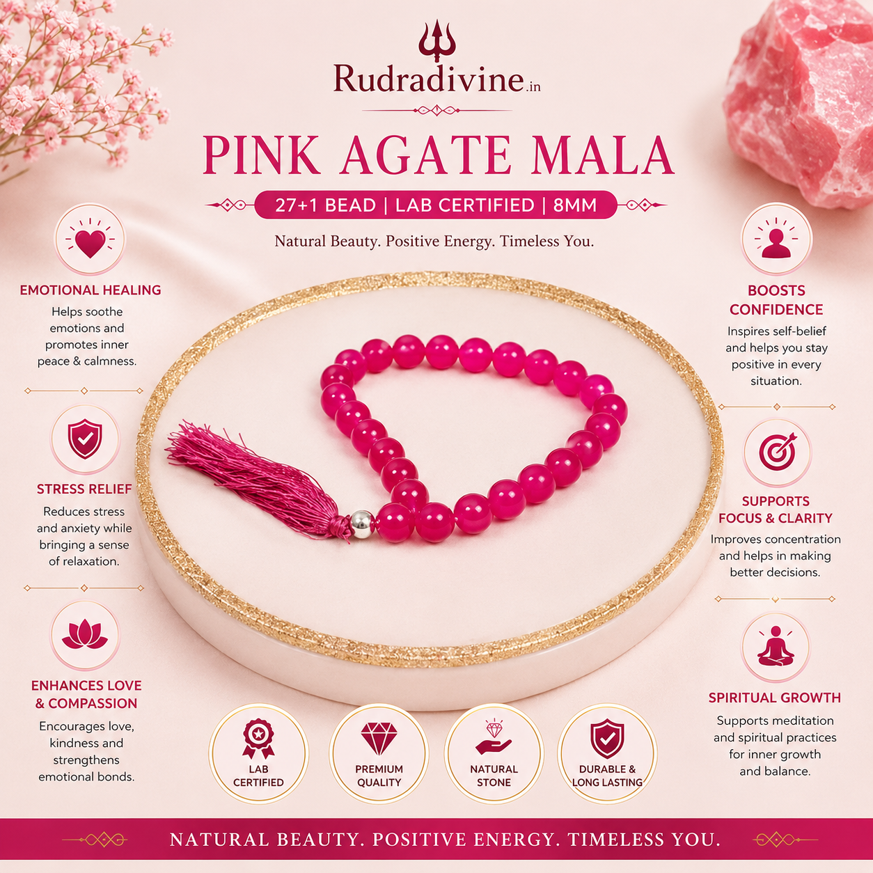 Pink Agate Mala 27+1 Beads crafted with natural 8MM Pink Agate gemstones and official Lab Certificate by Rudra Divine for meditation, mantra chanting and spiritual wellness.