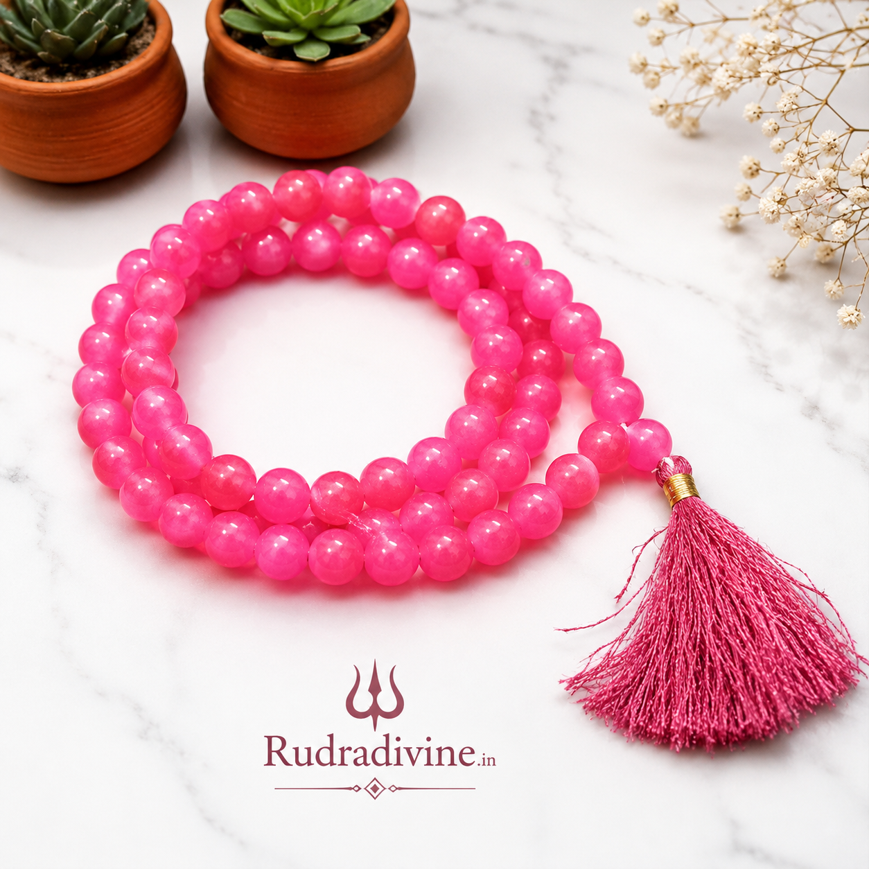 Pink Agate Mala 27+1 Beads crafted with natural 8MM Pink Agate gemstones and official Lab Certificate by Rudra Divine for meditation, mantra chanting and spiritual wellness.