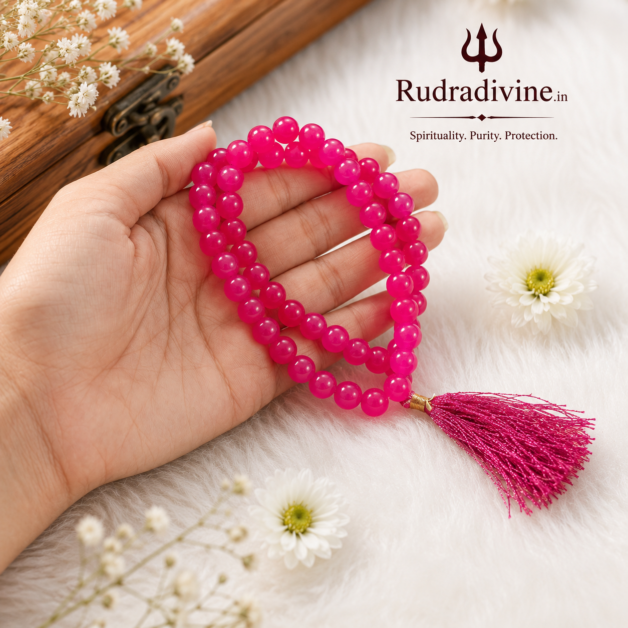 Pink Agate Mala 54+1 Beads crafted with natural 8MM Pink Agate gemstones and official Lab Certificate by Rudra Divine for meditation, mantra chanting and spiritual wellness.