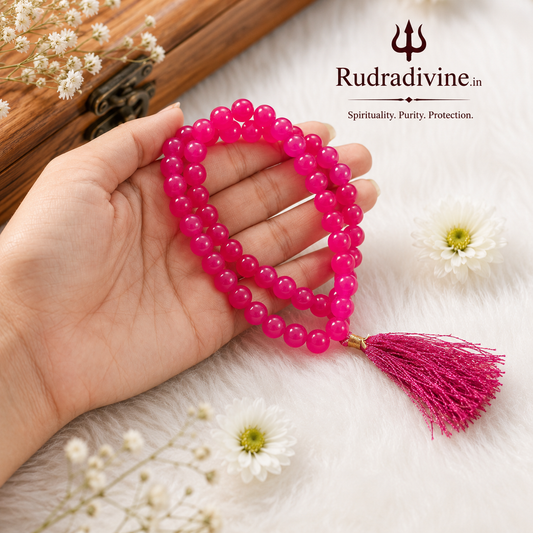 Pink Agate Mala 54+1 Beads crafted with natural 8MM Pink Agate gemstones and official Lab Certificate by Rudra Divine for meditation, mantra chanting and spiritual wellness.