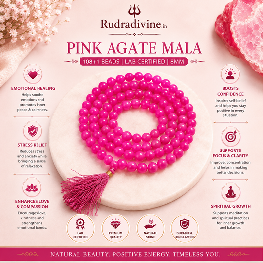 Pink Agate Mala 54+1 Beads crafted with natural 8MM Pink Agate gemstones and official Lab Certificate by Rudra Divine for meditation, mantra chanting and spiritual wellness.