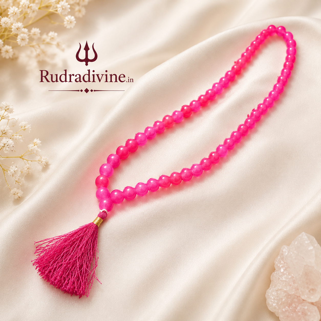 Pink Agate Mala 54+1 Beads crafted with natural 8MM Pink Agate gemstones and official Lab Certificate by Rudra Divine for meditation, mantra chanting and spiritual wellness.