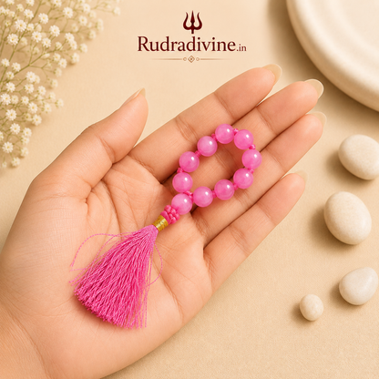 Pink Agate Mala 9+1 Beads crafted with natural 8MM Pink Agate gemstones and official Lab Certificate by Rudra Divine for meditation, prayer, positive energy and spiritual wellness.