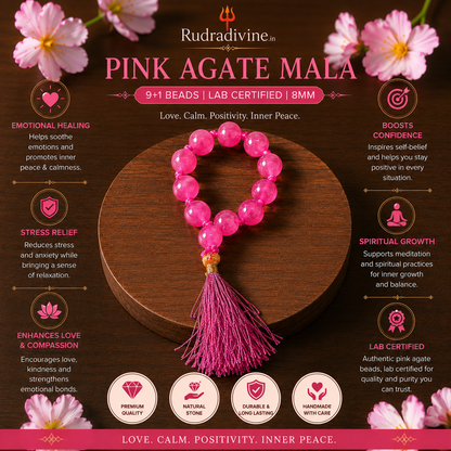 Pink Agate Mala 9+1 Beads crafted with natural 8MM Pink Agate gemstones and official Lab Certificate by Rudra Divine for meditation, prayer, positive energy and spiritual wellness.