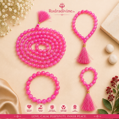 Pink Agate Mala 9+1 Beads crafted with natural 8MM Pink Agate gemstones and official Lab Certificate by Rudra Divine for meditation, prayer, positive energy and spiritual wellness.