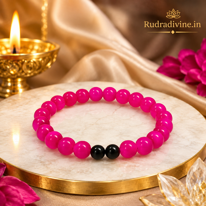 Pink & Black Agate Bracelet with 8MM natural stone beads and official Lab Certificate by Rudradivine, traditionally associated with positivity, grounding, balance and spiritual wellness.
