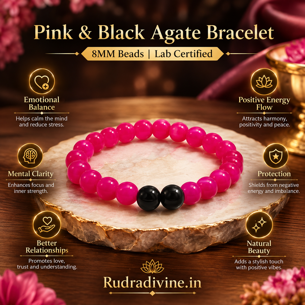 Pink & Black Agate Bracelet with 8MM natural stone beads and official Lab Certificate by Rudradivine, traditionally associated with positivity, grounding, balance and spiritual wellness.