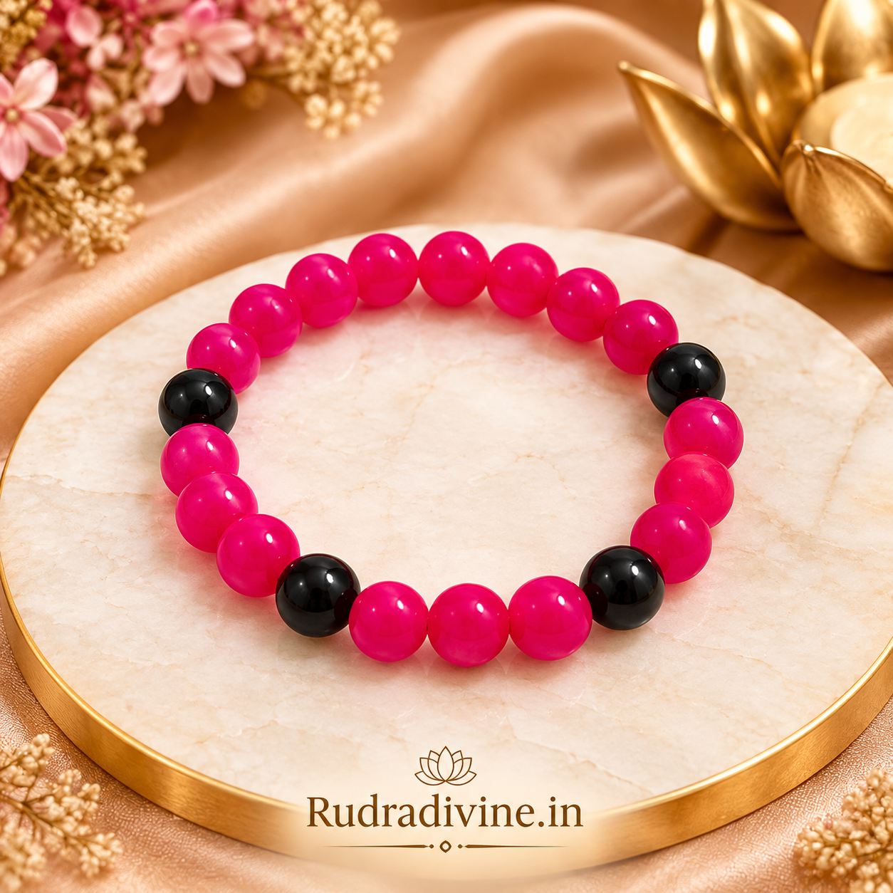 Pink & Black Agate Bracelet with 8MM natural stone beads and official Lab Certificate by Rudradivine, traditionally associated with positivity, grounding, balance and spiritual wellness.