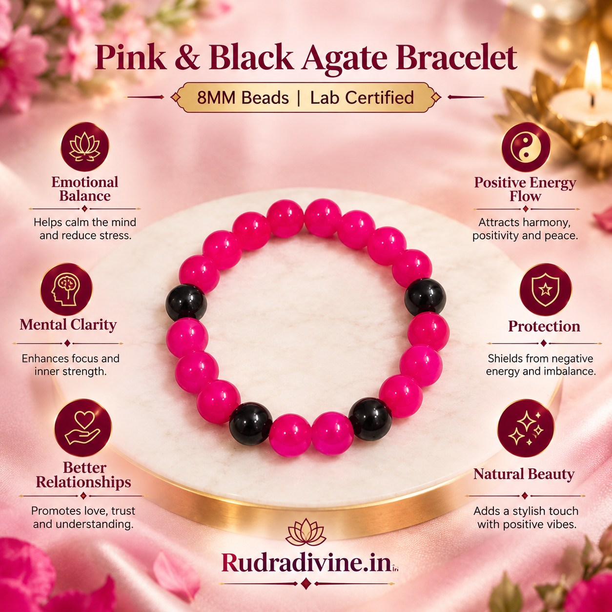 Pink & Black Agate Bracelet with 8MM natural stone beads and official Lab Certificate by Rudradivine, traditionally associated with positivity, grounding, balance and spiritual wellness.