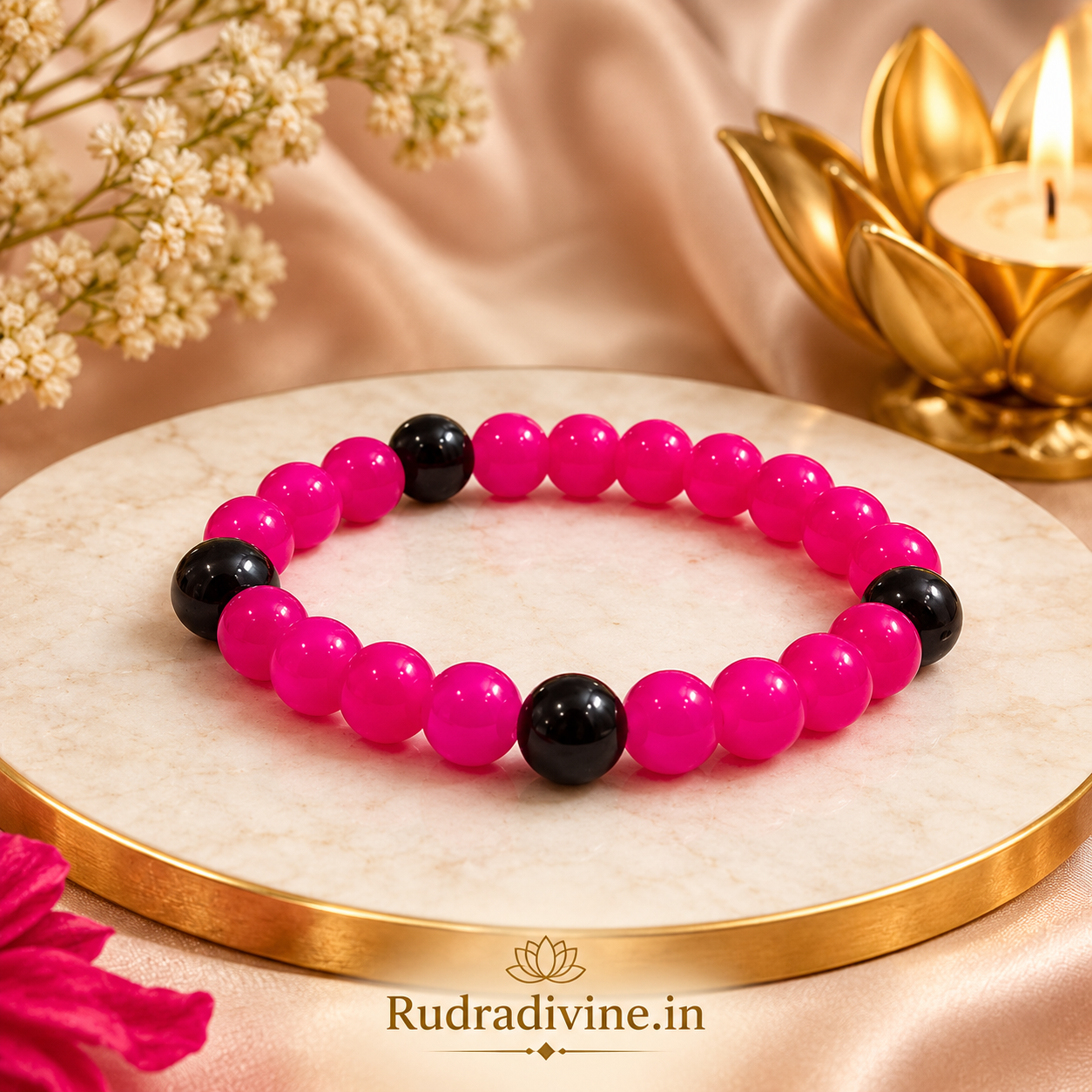 Pink & Black Agate Bracelet with 8MM natural stone beads and official Lab Certificate by Rudradivine, traditionally associated with positivity, grounding, balance and spiritual wellness.