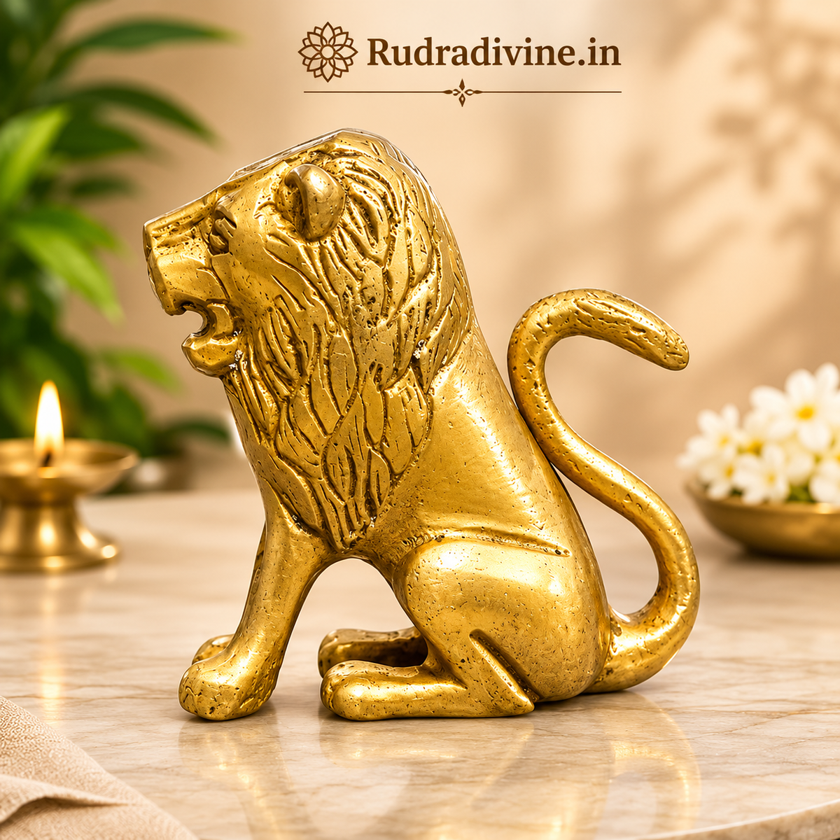 Pure Brass Lion Idol for table and temple decor with premium finish and official Lab Certificate by Rudradivine for Vastu, protection and elegant spiritual décor.