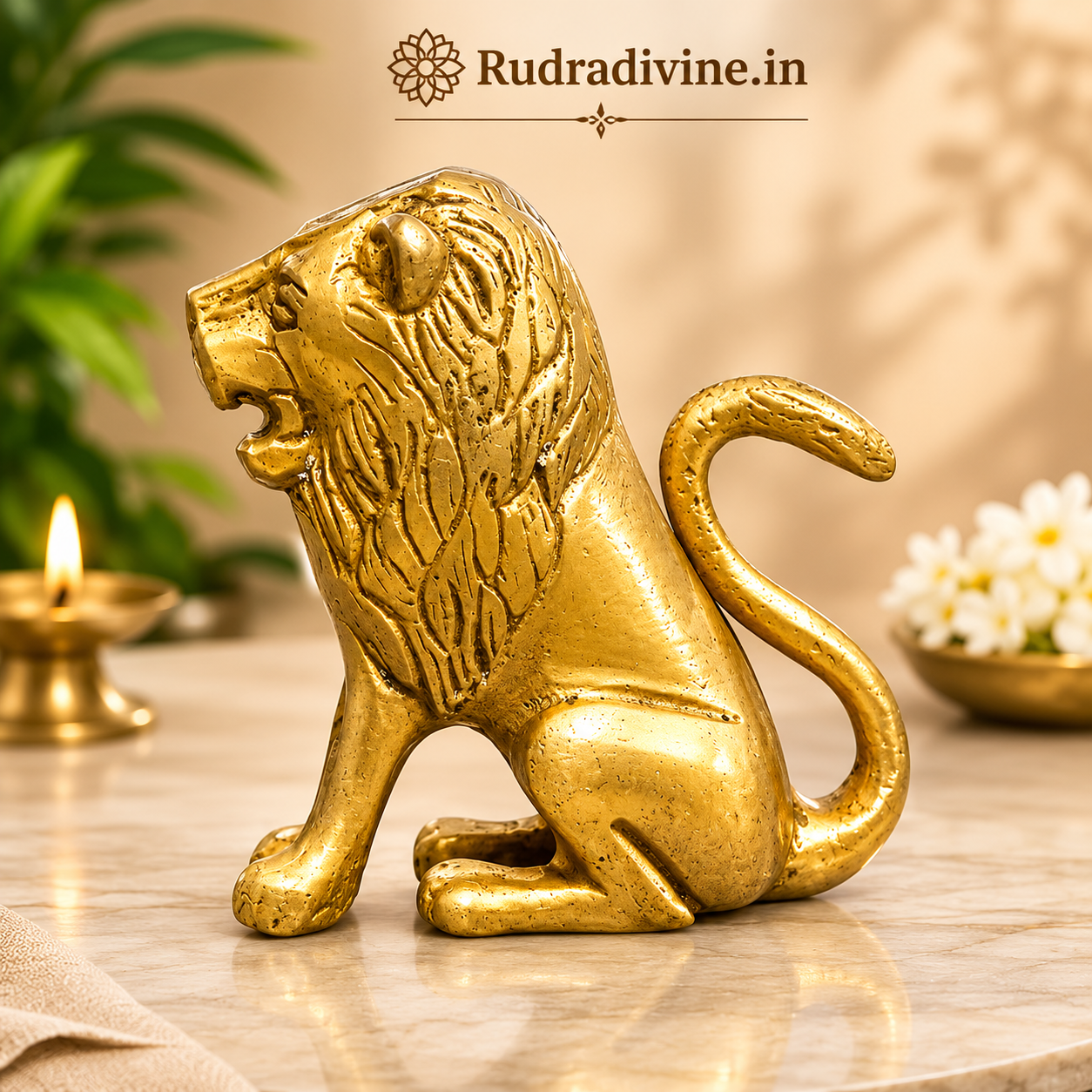 Pure Brass Lion Idol for table and temple decor with premium finish and official Lab Certificate by Rudradivine for Vastu, protection and elegant spiritual décor.