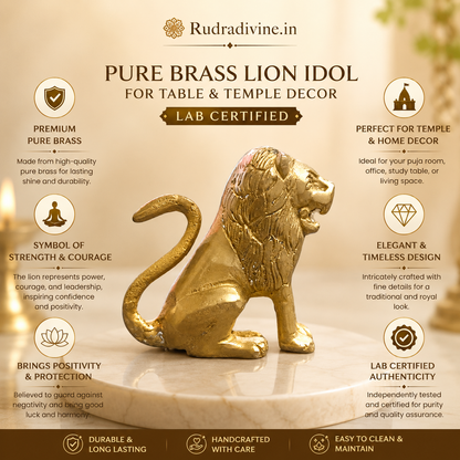 Pure Brass Lion Idol for table and temple decor with premium finish and official Lab Certificate by Rudradivine for Vastu, protection and elegant spiritual décor.
