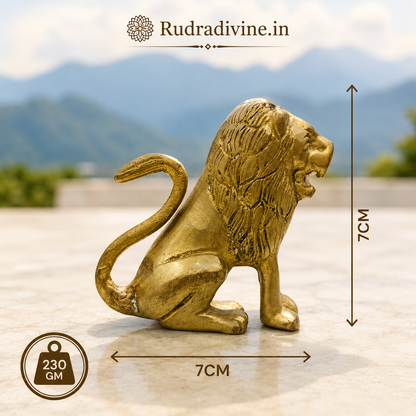 Pure Brass Lion Idol for table and temple decor with premium finish and official Lab Certificate by Rudradivine for Vastu, protection and elegant spiritual décor.