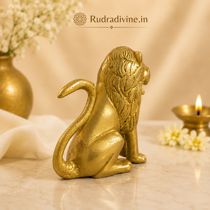 Pure Brass Lion Idol for table and temple decor with premium finish and official Lab Certificate by Rudradivine for Vastu, protection and elegant spiritual décor.