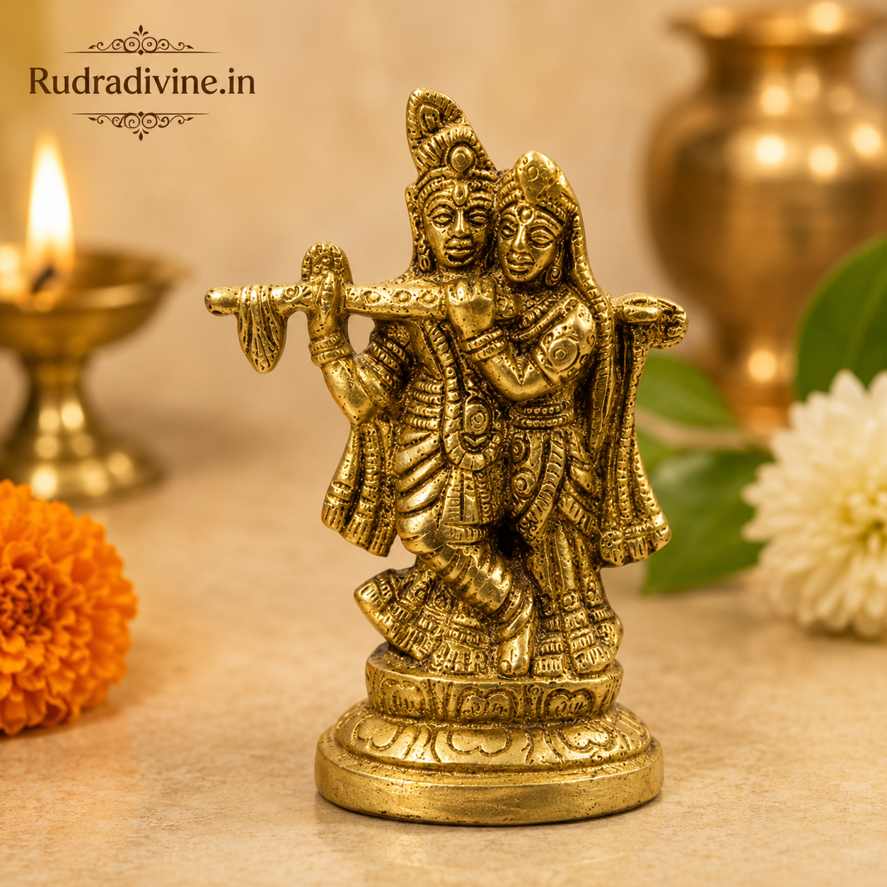Radha Krishna Brass Idol with official Lab Certificate by Rudradivine for home temple, daily pooja, spiritual décor, divine blessings, peace and devotion.