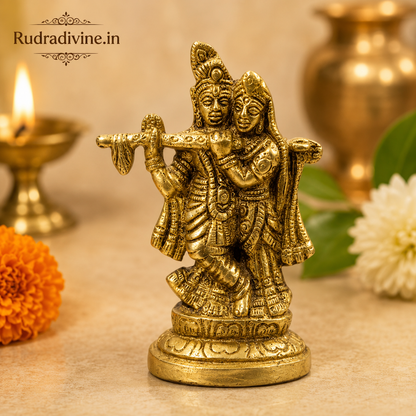 Radha Krishna Brass Idol with official Lab Certificate by Rudradivine for home temple, daily pooja, spiritual décor, divine blessings, peace and devotion.