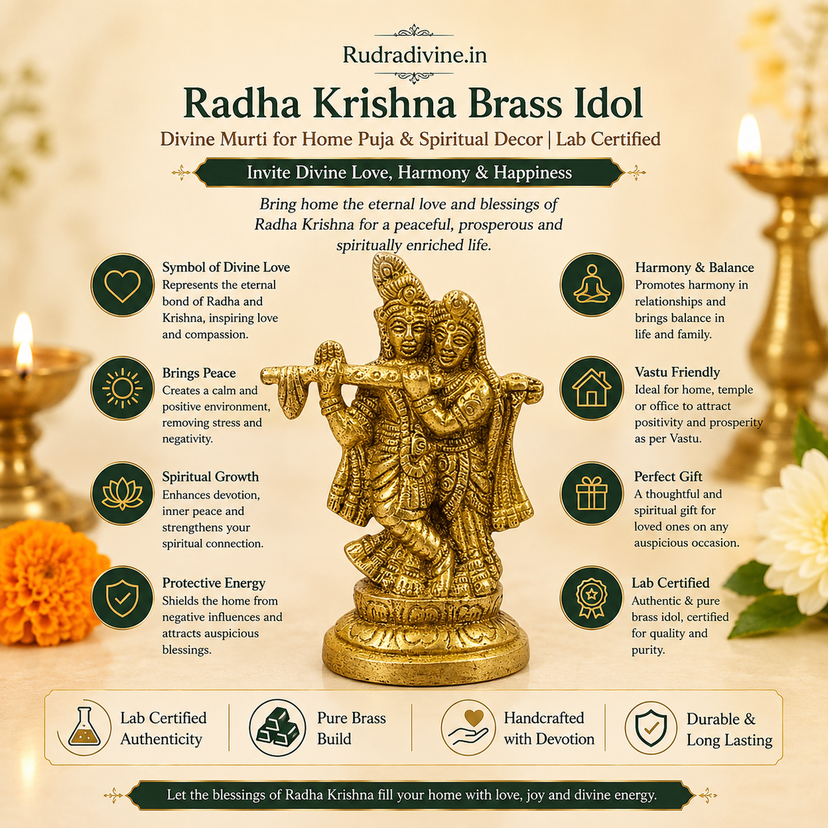 Radha Krishna Brass Idol with official Lab Certificate by Rudradivine for home temple, daily pooja, spiritual décor, divine blessings, peace and devotion.