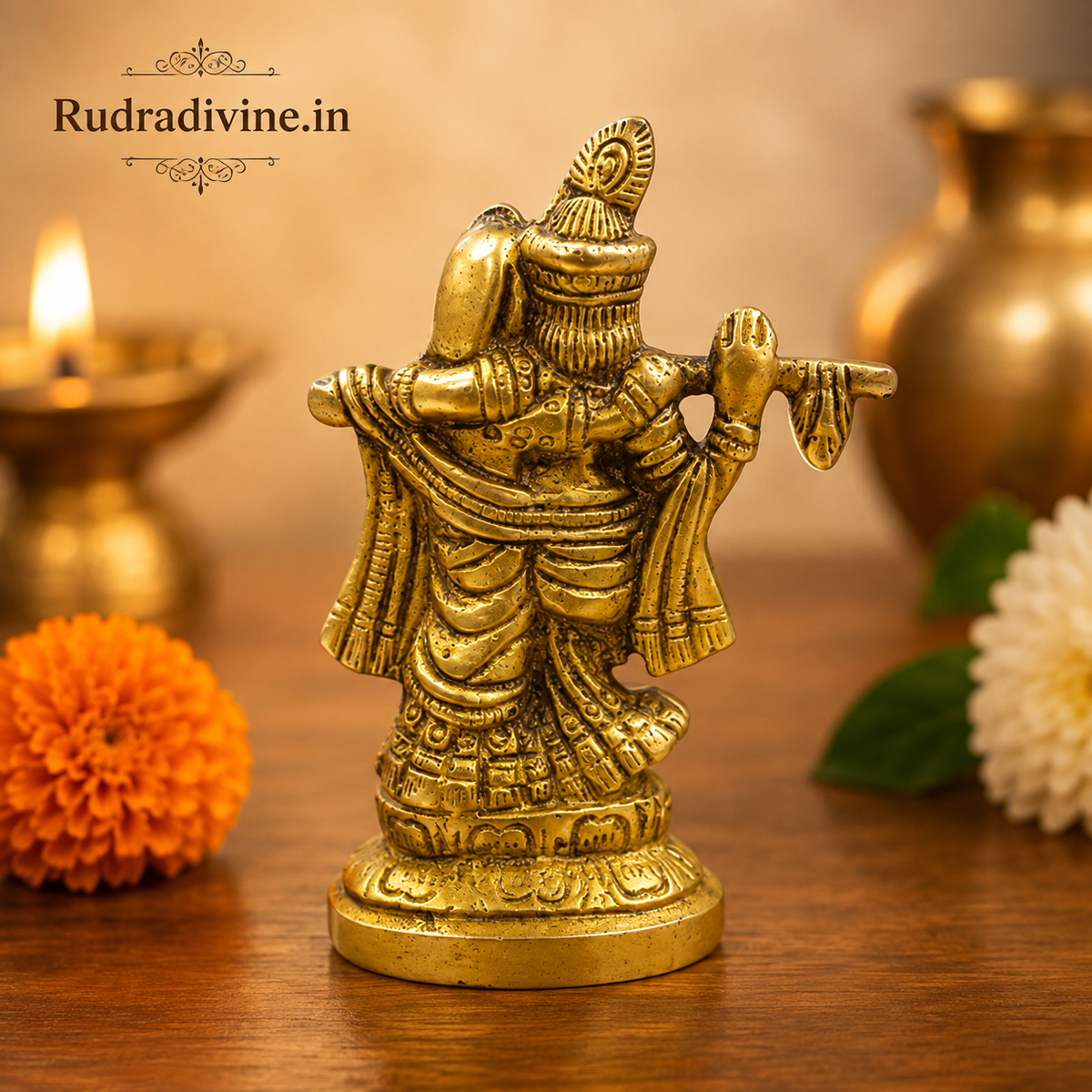 Radha Krishna Brass Idol with official Lab Certificate by Rudradivine for home temple, daily pooja, spiritual décor, divine blessings, peace and devotion.