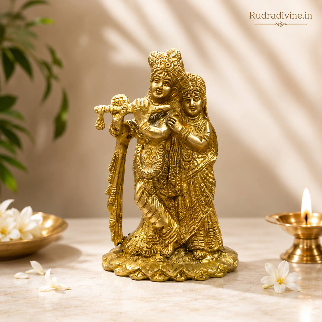 Radha Krishna Brass Idol crafted from premium brass with official Lab Certificate by Rudradivine for home puja, divine love, peace, devotion and spiritual blessings.