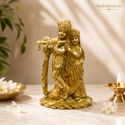 Radha Krishna Brass Idol crafted from premium brass with official Lab Certificate by Rudradivine for home puja, divine love, peace, devotion and spiritual blessings.