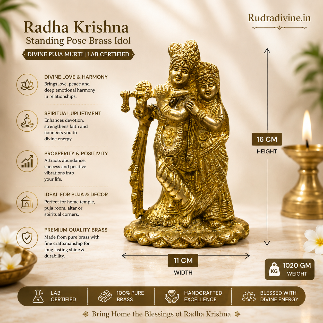 Radha Krishna Brass Idol crafted from premium brass with official Lab Certificate by Rudradivine for home puja, divine love, peace, devotion and spiritual blessings.