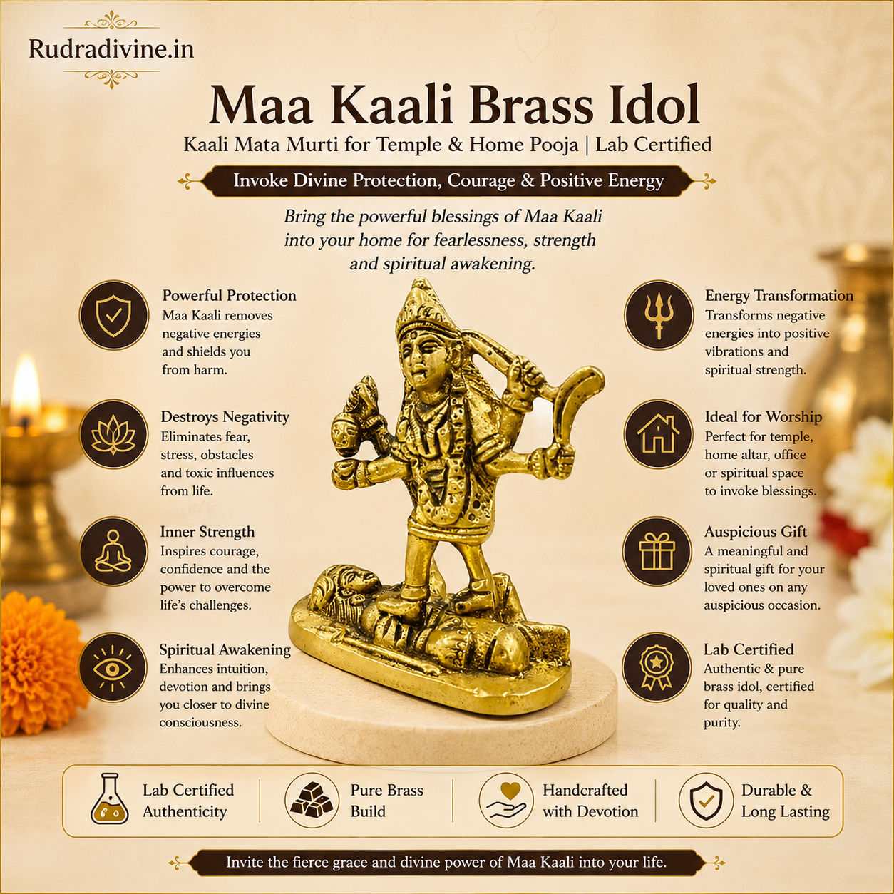 Radha Krishna Brass Idol crafted from premium brass with official Lab Certificate by Rudradivine for home puja, divine love, peace, devotion and spiritual blessings.