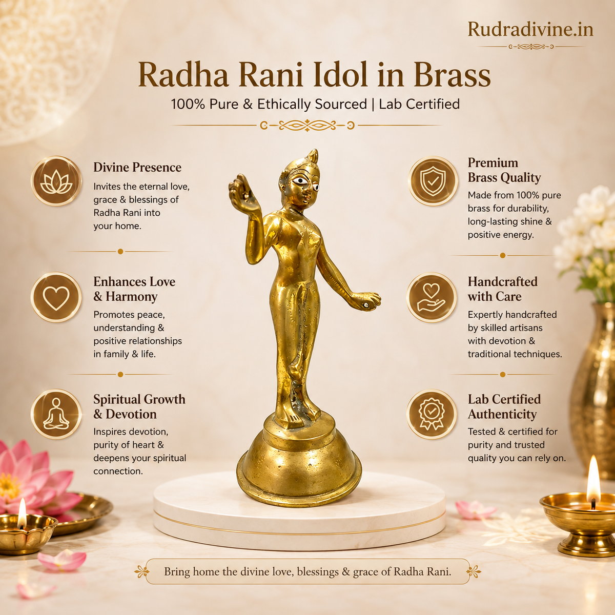 Radha Rani Idol in premium brass with official Lab Certificate by Rudradivine, ethically sourced for home temple, daily pooja, devotion and divine blessings.