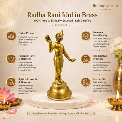 Radha Rani Idol in premium brass with official Lab Certificate by Rudradivine, ethically sourced for home temple, daily pooja, devotion and divine blessings.