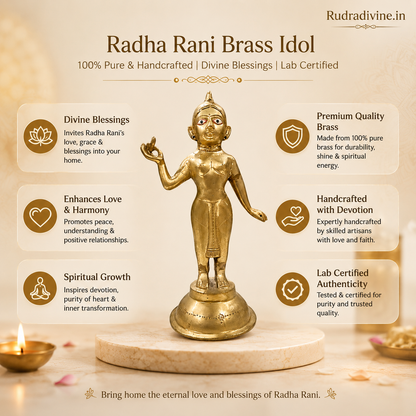Radha Rani Brass Idol handcrafted from 100% pure brass with official Lab Certificate by Rudradivine for divine blessings, devotion, peace, home temple worship and spiritual décor.