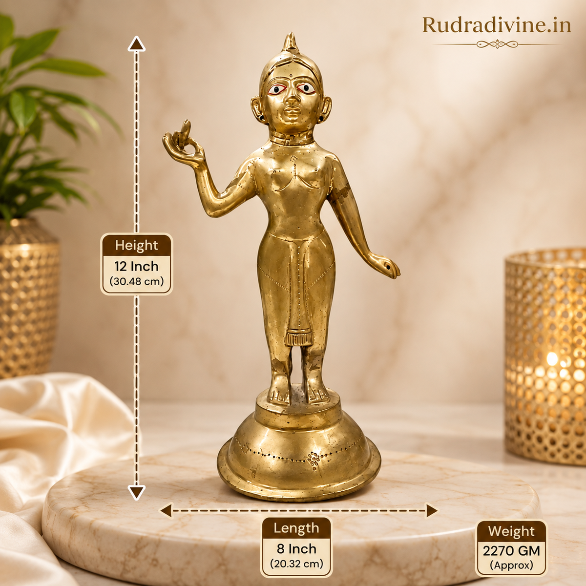 Radha Rani Brass Idol handcrafted from 100% pure brass with official Lab Certificate by Rudradivine for divine blessings, devotion, peace, home temple worship and spiritual décor.