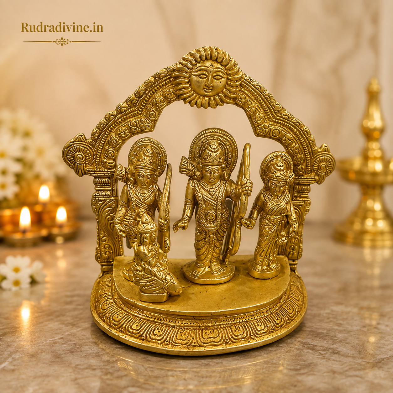 Ram Darbar in 100% premium brass featuring Lord Ram, Sita, Laxman and Hanuman Ji with official Lab Certificate by Rudradivine for home pooja, spiritual décor, peace and divine blessings.