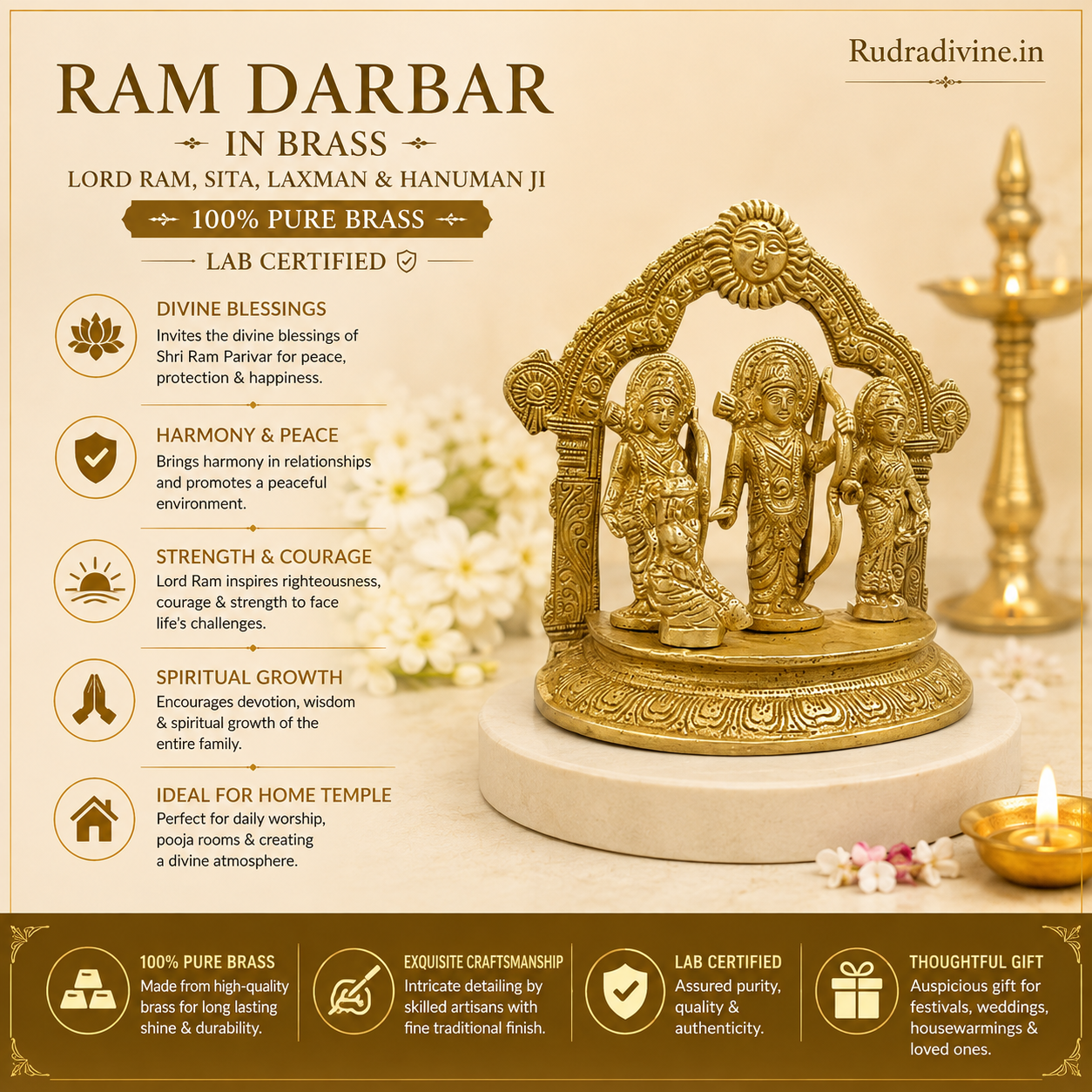 Ram Darbar in 100% premium brass featuring Lord Ram, Sita, Laxman and Hanuman Ji with official Lab Certificate by Rudradivine for home pooja, spiritual décor, peace and divine blessings.