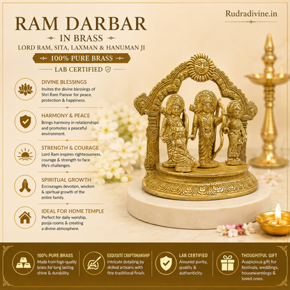 Ram Darbar in 100% premium brass featuring Lord Ram, Sita, Laxman and Hanuman Ji with official Lab Certificate by Rudradivine for home pooja, spiritual décor, peace and divine blessings.