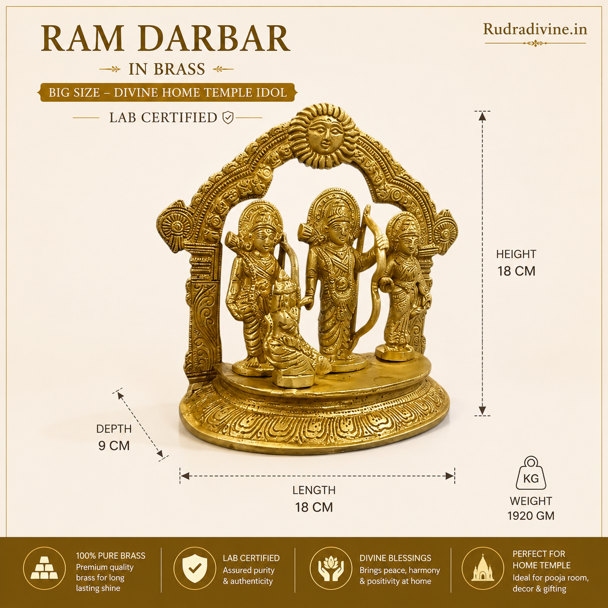 Ram Darbar in 100% premium brass featuring Lord Ram, Sita, Laxman and Hanuman Ji with official Lab Certificate by Rudradivine for home pooja, spiritual décor, peace and divine blessings.
