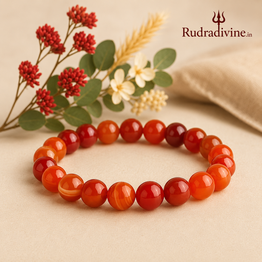Lab Certified Red Agate Bracelet 8mm handcrafted with natural Red Agate gemstone beads by Rudra Divine for confidence, meditation and spiritual wellness.