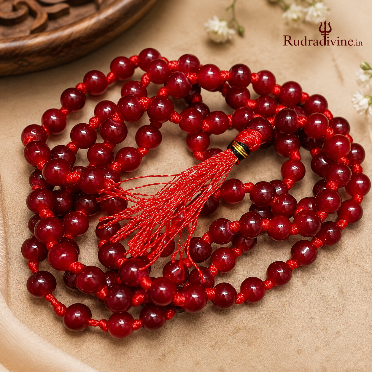 Lab Certified Red Agate Mala 108+1 Beads 8mm crafted from natural Red Agate gemstones by Rudra Divine for meditation, mantra chanting and spiritual wellness.