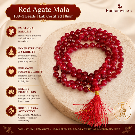 Lab Certified Red Agate Mala 108+1 Beads 8mm crafted from natural Red Agate gemstones by Rudradivine for meditation, mantra chanting and spiritual wellness.